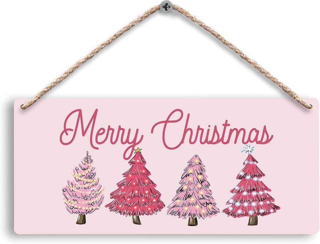 Merry Christmas Pink Christmas Tree Xmas Hanging Wooden Signs 12x6, Pink Xmas Wall Decor, Merry Xmas Sign, Hanging Sign, Tree Wall Decor