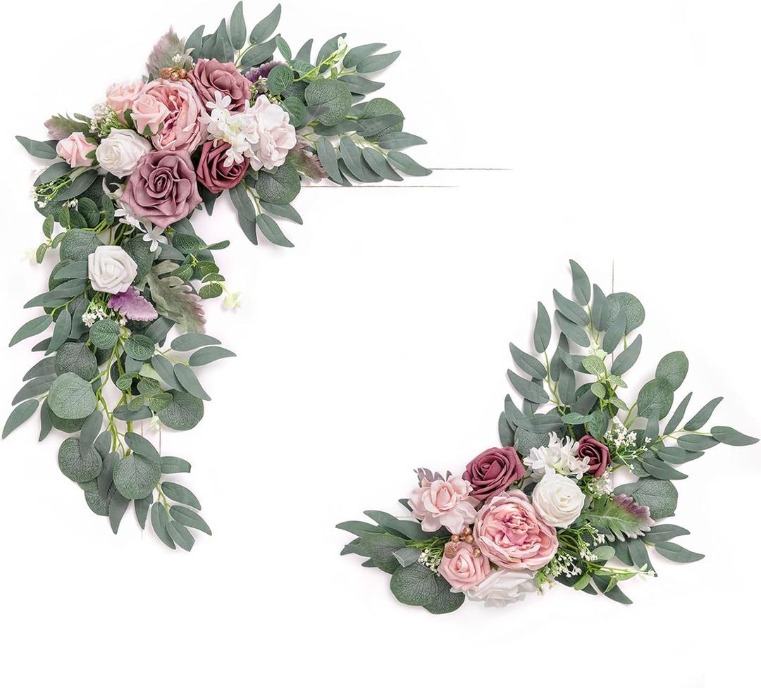 Ling's Moment 2pcs Artificial Welcome Sign Swag Wedding Arch Flowers Decorations Floral Eucalyptus Willow Garland Dusty Rose & Cream Rose Ceremony Party Reception Easel Door Wall Home Entryway Outdoor