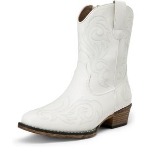 DREAM PAIRS Women's Cowboy Cowgirl Western Boots Embroidered Stitched Ankle Boots Square Toe Chunky Heel Fashion Short Booties with Zipper (10, White)