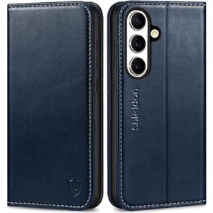SHIELDON Case for Galaxy S25 Plus 6.7", Genuine Leather Wallet Flip Book RFID Blocking Card Holder Kickstand Shock Absorbing Protective Case Compatible with Galaxy S25+ 2025 - Retro Dark Blue