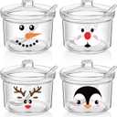 Whaline 4Pcs Large Christmas Hot Cocoa Bar Supplies Acrylic Sugar Bowl with Lid Spoon 13.5 oz Winter Snowman Santa Reindeer Candy Jar Clear Kitchen Storage Container for Coffee Bar Accessories