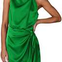 PRETTYGARDEN Women's Short Formal Satin Dress Summer Sleeveless Mock Neck Tie Waist Cocktail Party Dresses Size S, Army Green