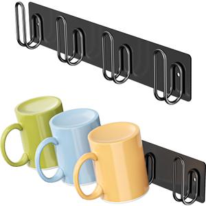 2pcs Mug Holder Wall Mounted, Coffee Cup Holder with 4 Mug Hooks, Metal Cup Hanger Mugs Display Rack, Cups Storage Organizer for Kitchen Dining Room Coffee Bar, Black