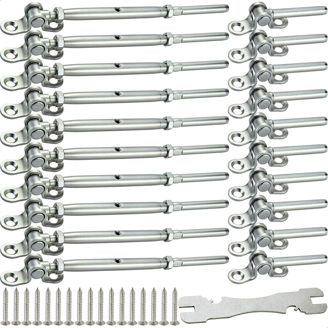 Stainless Steel Cable Railing Hardware Kit, for 3/16 Cable Railing System, for Wood Posts, Adjustable Angle Turnbuckle Kit 10 Pairs