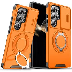 for Samsung Galaxy S26 Ultra Case with Slide Camera Cover and Rotating Kickstand Ring, Slim Magnetic Shockproof Accessories Phone Case for Samsung S26 Ultra (Orange)