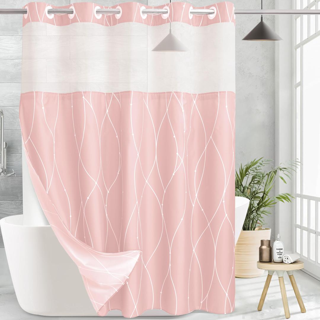 KONZENT Pink White Striped Fabric Shower Curtain with Snap in Removable Liner for Bathroom Bathtubs,Hotel Shower Curtain and Liner Set with See Through Mesh Top Window,Machine Washable (71" W X 74" H)