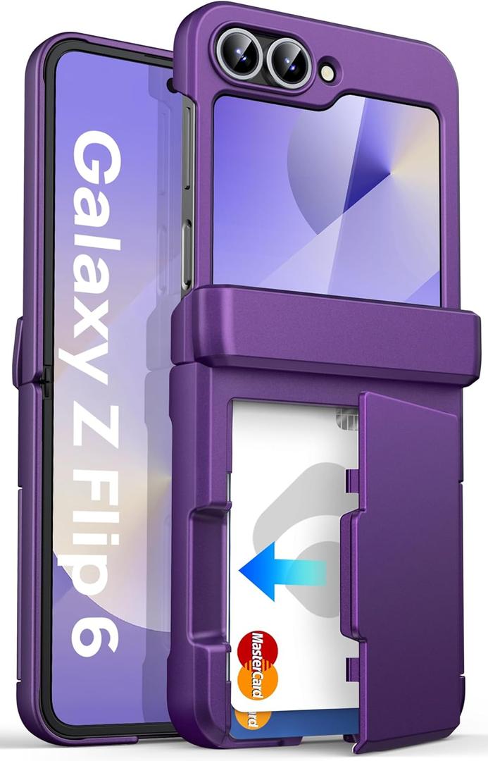 ASAFCASE for Samsung Galaxy Z Flip 6 and Z Flip 7 FE Wallet Casewith Card Holder (3 Cards) & Outer Screen Protector & Hinge Protection, Shockproof Rugged & Fit Stylish Case Phone Cover, Dark Purple