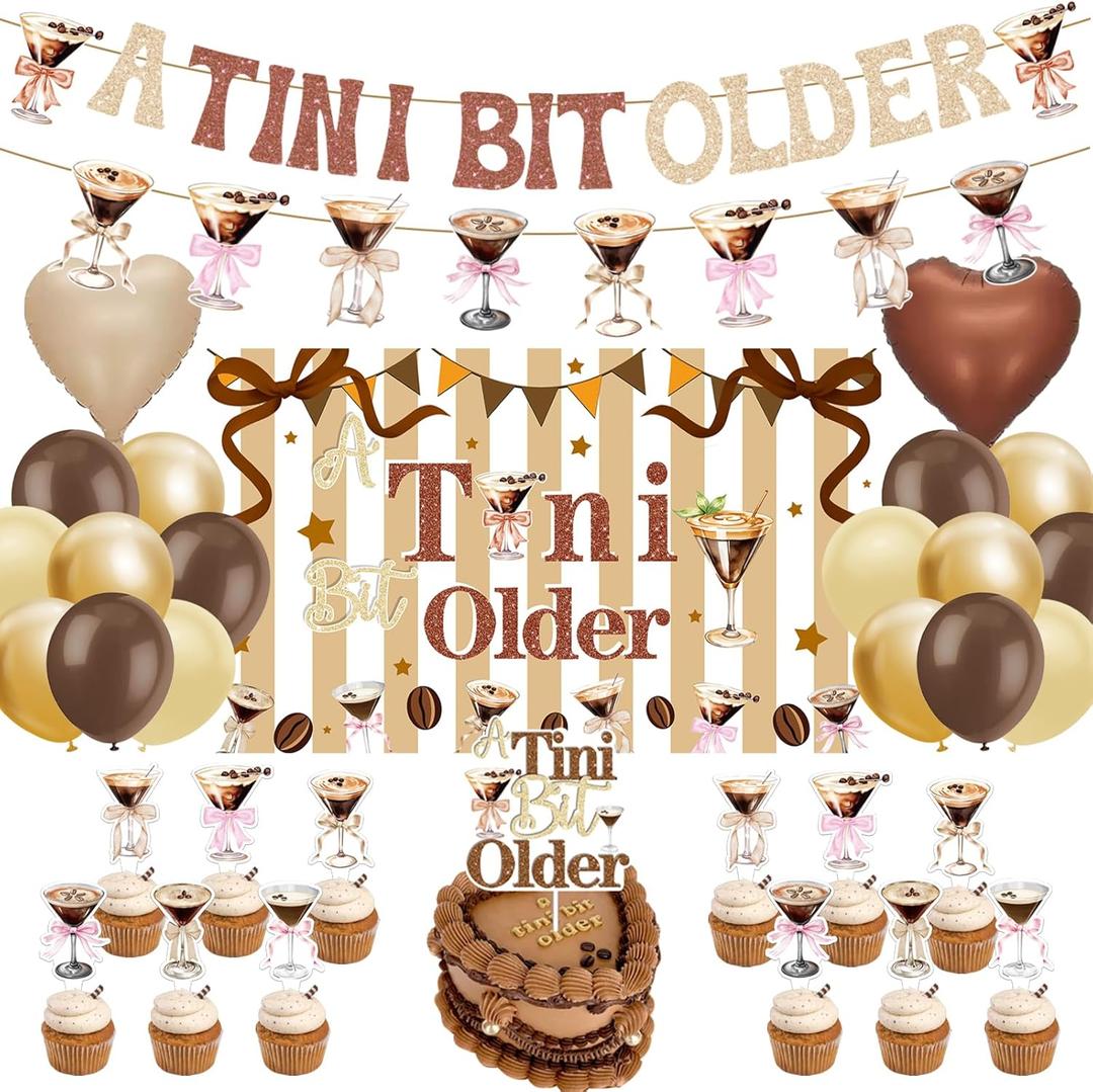 Espresso Martini Decorations Kit  A Tiny Bit Older Gold Brown Glitter Banner, Cake Topper Balloons Backdrop for Women's Birthday, Bachelorette & Bar Cocktail Themed Party