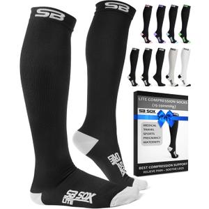SB SOX Lite Compression Socks for Men & Women (15-20mmHg) Best Compression Socks for Flying, Medical, Sports, Wide Calf Fit, and Daily Wear (Black/Gray,  S/M)
