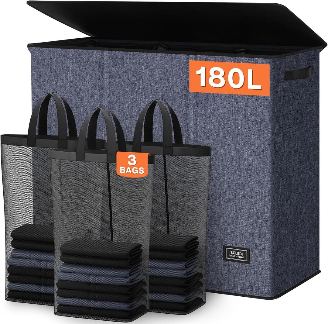 SOLEDI 180L 3-Section Laundry Hamper with Lid, Extra Large Dirty Clothes Basket with Sturdy Handles for Laundry Room & Bedroom - Durable Organizer for Sorting Laundry (Navy blue)