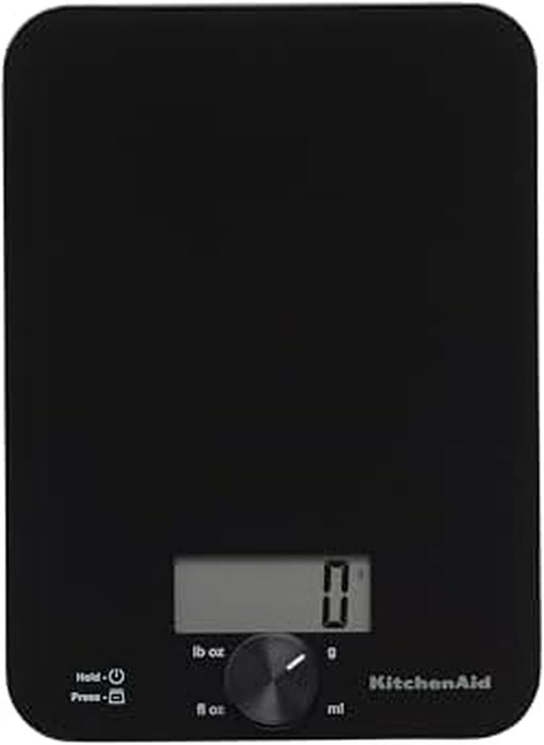 KitchenAid KQ914BA Digital Glass Top Kitchen and Food Scale, 11 lb Capacity, Measures Liquid & Dry Ingredients, Rotating Knob, Precise Results for Baking, Cooking, Keto and Meal Prep, Tare, Black