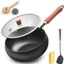 WANGYUANJI Carbon Steel Wok Pan Flat Bottom Iron Stir Fry Pan Induction Cookware 9.5 Inch Uncoated Small Traditional Skillet with Lid
