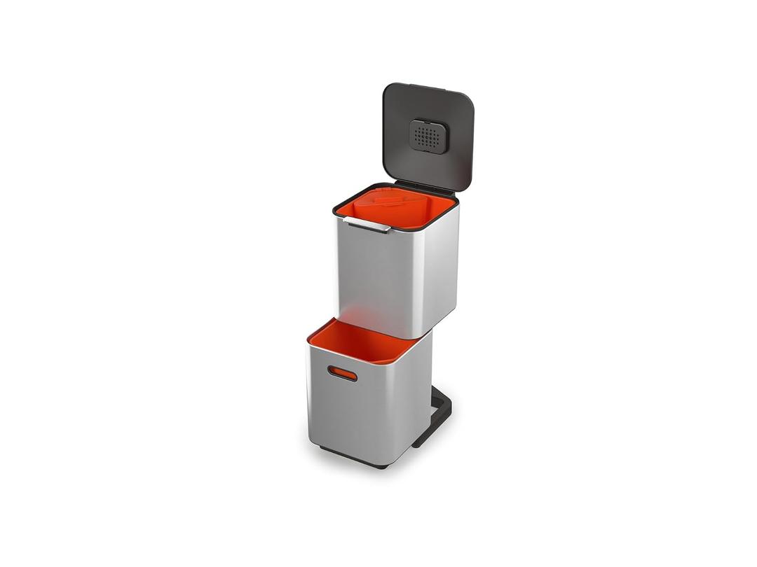 Joseph Joseph Totem Compact 10.5 Gallon/40 Litre Waste Separation and Recycling Kitchen Bin with Odour Filter and Removable Food Waste Caddy, Stainless Steel