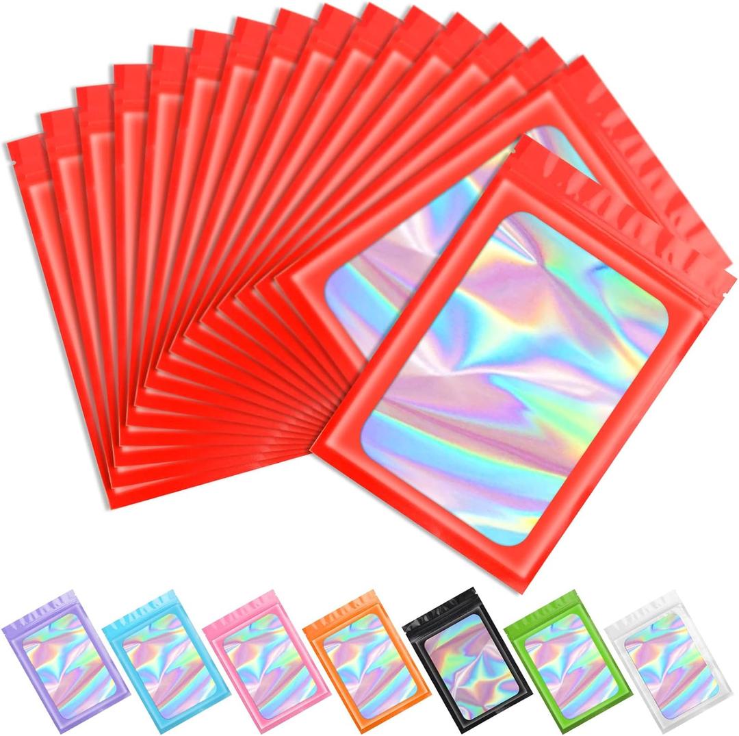 Funfery 100 pcs Red Smell Proof Mylar Holographic Bags Packaging Bags,Clear Resealable Odor Proof Bag Foil Pouch Bag for Food Storage,Lipgloss,Jewelry,Eyelash Packaging for Small Business(3x4.7In)