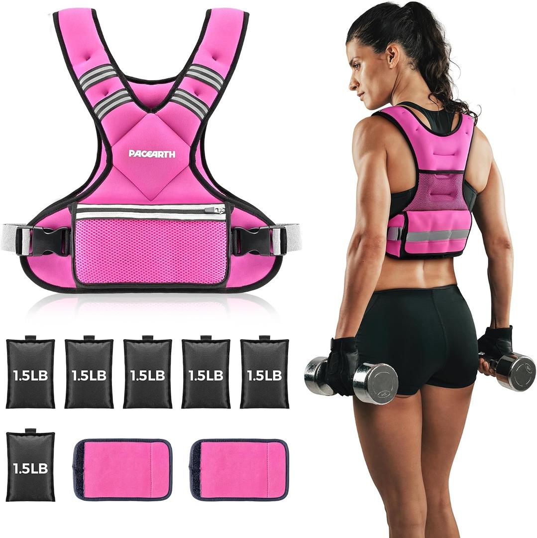 Adjustable Weighted Vest PACEARTH Ironsand Weight Vest with Six 1.5-lb Adjustable Weights, 11-20 lbs Total, Big Zipper Pouch, Home Workout Weight Vest for Men and Women in Cardio and Strength Training, Pink