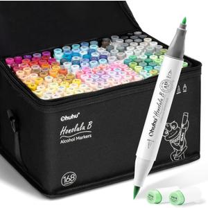 Ohuhu Markers Brush Tip: 168-Color Double Tipped Art Marker Set for Artist Adults Coloring Illustrations -Honolulu B -Brush & Fine -Refillable