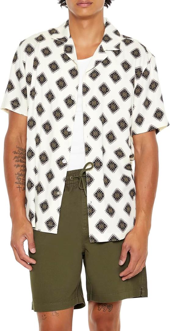 Forever 21 Men's Geo Print Rayon Shirt (Medium, Cream)