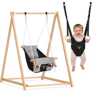 2-in-1 Baby Jumper & Swing, Montessori Wooden Toddler Swing Set with Stand for Indoor/Outdoor, Baby Bouncer Jumper & Hammock Swing with 5-Point Harness, Suitable for Children Ages Up to 3 Yrs