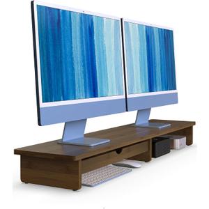42 Monitor Stand with Large Drawer Keyboard Storage,Dark Bamboo | dual Computer monitor riser shelf for 55-72 inch desk aesthetic workplace computer setup desktop organizer easy assembly