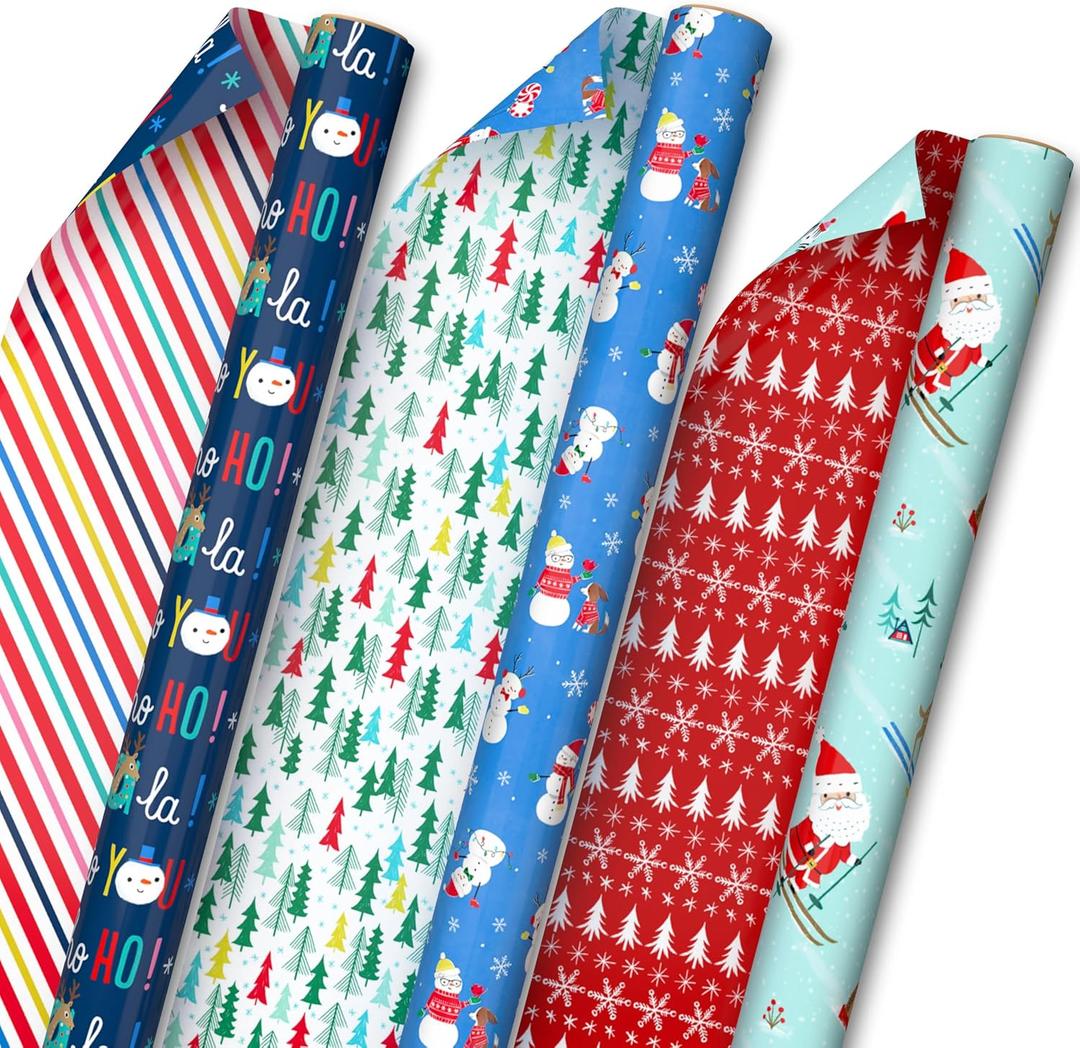 Hallmark Reversible Christmas Wrapping Paper for Kids (3 Rolls: 120 Sq. Ft. Total) Snowmen, Stripes, Trees, Skiing Santa, Zebras, Hedgehogs, Penguins