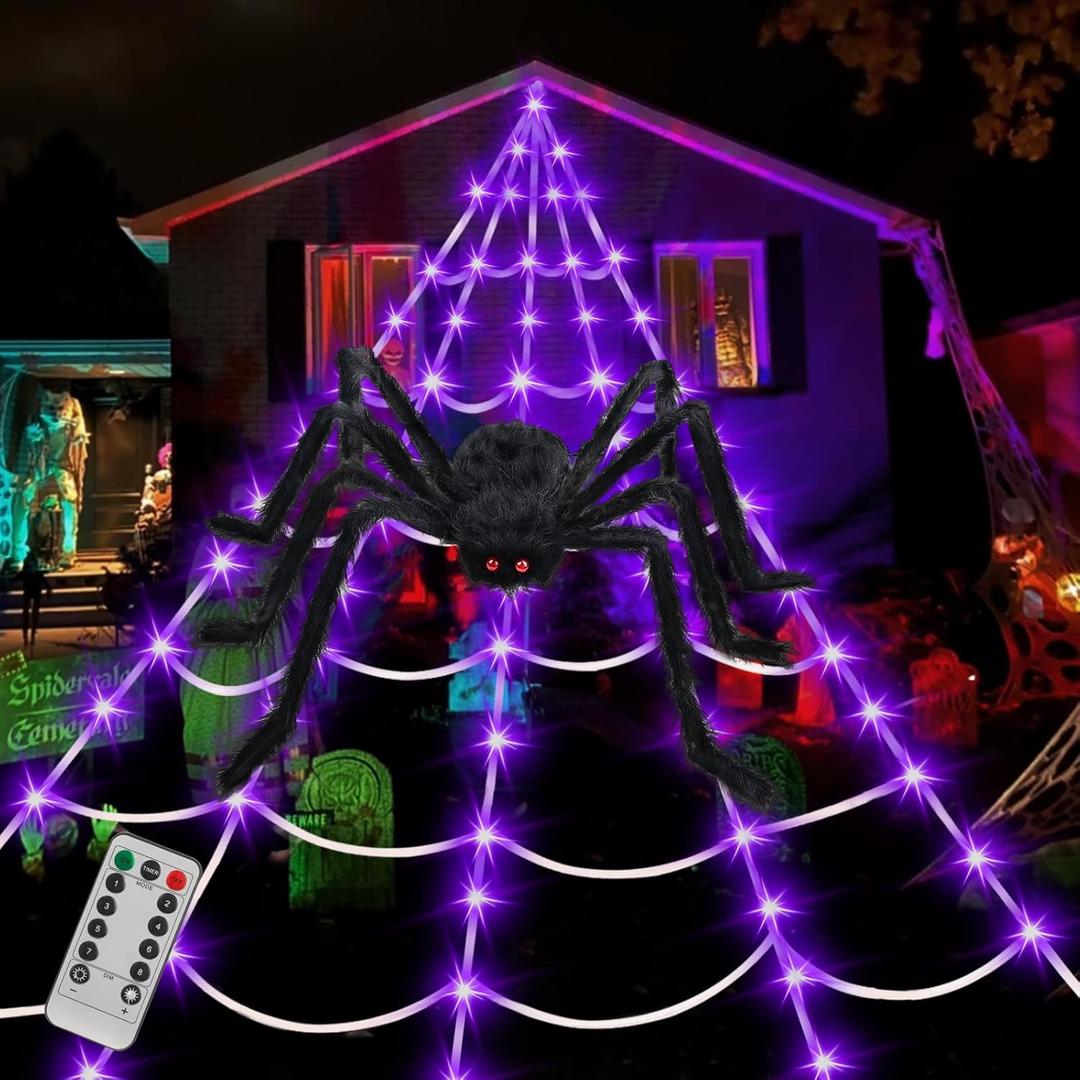 Spider Web Lights Halloween Decorations Outdoor, 250 LED 16.4Ft Light Up Spider Web with 59" Giant Spider, Spider Web Light with 8 Modes Waterproof Timer for Yard Haunted House Indoor Outdoor Decor