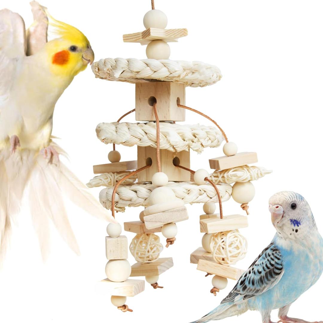 Natural Bird Toys for Quaker Parrot, Lovebird, Parakeet, Cockatiel & Conure  for Chewing, Shredding & Foraging, Corn Husk, Wood & Vine with Leather Cord for Small & Medium Birds