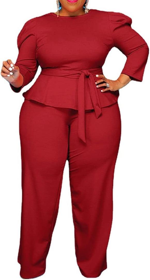 ThusFar Plus Size 2 Piece Outfits for Women Blazer Top Long Sleeve Long Pants Sets Casual Elegant Business Suit with Belt (Red, XL)