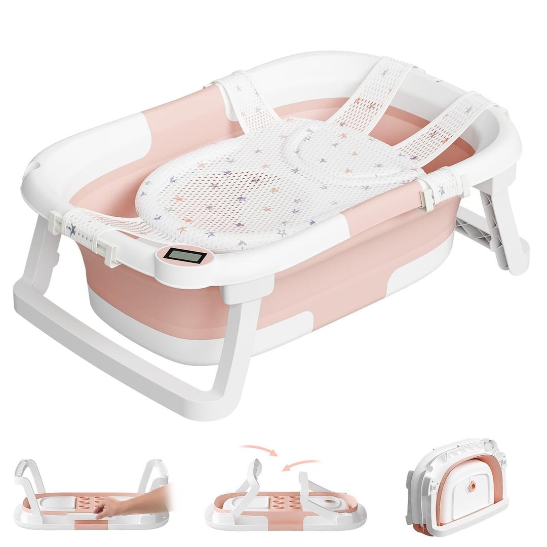 Collapsible Baby Bathtub,Baby Bath Tub with Soft Cushion & Thermometer,Baby Bathtub Newborn to Toddler 0-36 Months,Portable Travel Baby Tub (Pink)