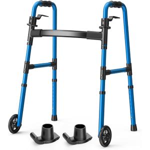 Loyoda Folding Walker with 2 Skis and 5" Wheels, Lightweight Walkers for Seniors and Adults, Supports Up to 350 Pounds, Adjustable Height, Compact Standard Walker, Blue