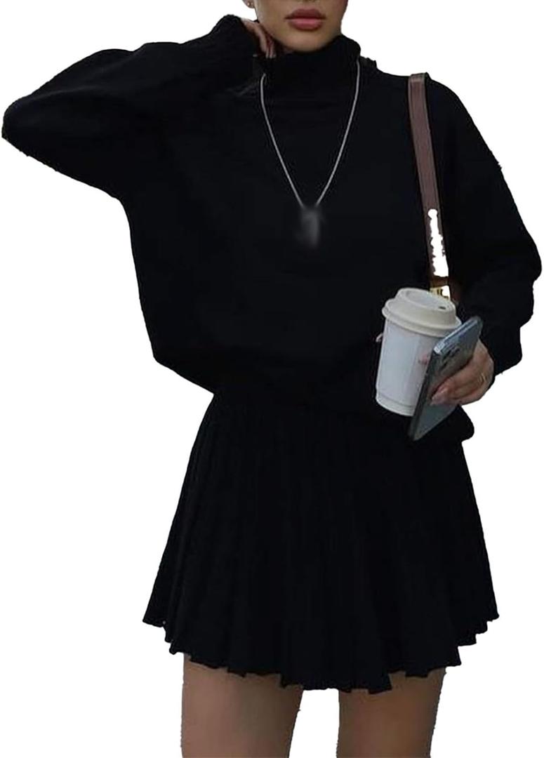 Mandonce Skirt Sets Women 2 Piece Outfits Turtleneck Oversized Sweater Sweatshirt and Pleated Mini Skirt Athleisure Set (Small, Black)