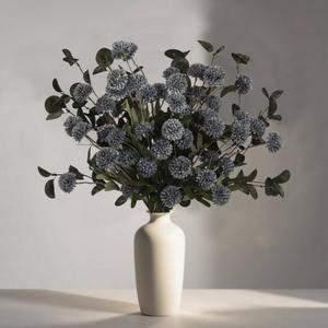 LESING 10ps Long Stem Artificial Flowers with Eucalyptus, Fake Silk Tall Chrysanthemums Ball Flower Stems Artificial Faux Pompon Mum Flowers Bulk Floral Arrangements Decoration (Blue,10pcs)