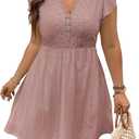 Eytino Plus Size Dresses for Women Summer Ruffle Cap Sleeve Lace V Neck Embroidery Eyelet A Line Dress (2X, Pink)