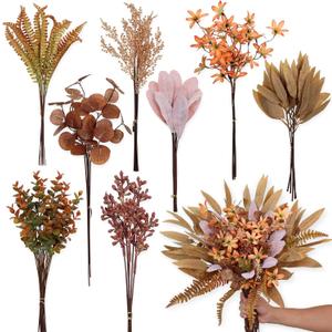 YXZZWL Artificial Greenery Stems Box Set for Fall Decorations70 Pcs with 8 Kinds of Faux Eucalyptus Branches for Autumn Wedding DIY Bouquets Floral Arrangement Table Centerpieces (Brown & Orange)