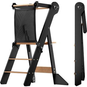 COSYLAND Foldable Toddler Standing Tower - Adjustable Height Folding Step Stool Kid Toddler Kitchen Stool for Learning and Cooking - Ages 18 Months to 6 Years with Safety Net Natural & Charcoal