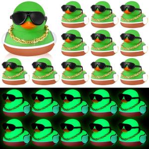 24 Pcs Glow in The Dark Ducks Mallard Rubber Duck with Sunglasses Necklace Mini Squeaky Rubber Ducks for First Day of School Gifts Birthday Party Favors Supplies