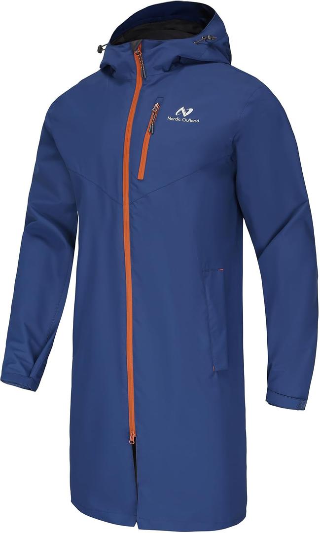 NORDIC OUTLAND Rain Jacket Men,Waterproof Breathable Long Raincoat with Hood Mesh Lining,Windbreaker for outdoor activities (Blue, M)