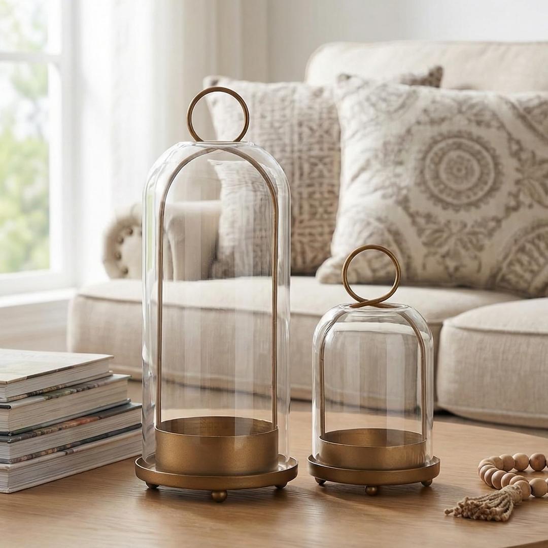 Metal Candle Holder with Handmade Glass Dome in Brass, 5" & 4" Wide Versatile Hurricane Glass Candle Holders Set of 2, for Pillar Candles & Plants (Brass)