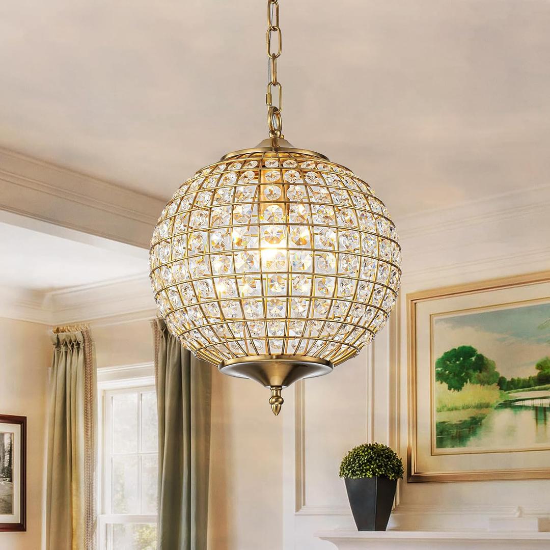 Gold Globe Crystal Chandelier, 12.6" Vintage Sphere Globe Chandelier Pendant Light Small Flush Mount Ceiling Light for Foyer Entryway Hallway Dining Room, 12.6"W X 15.9"H