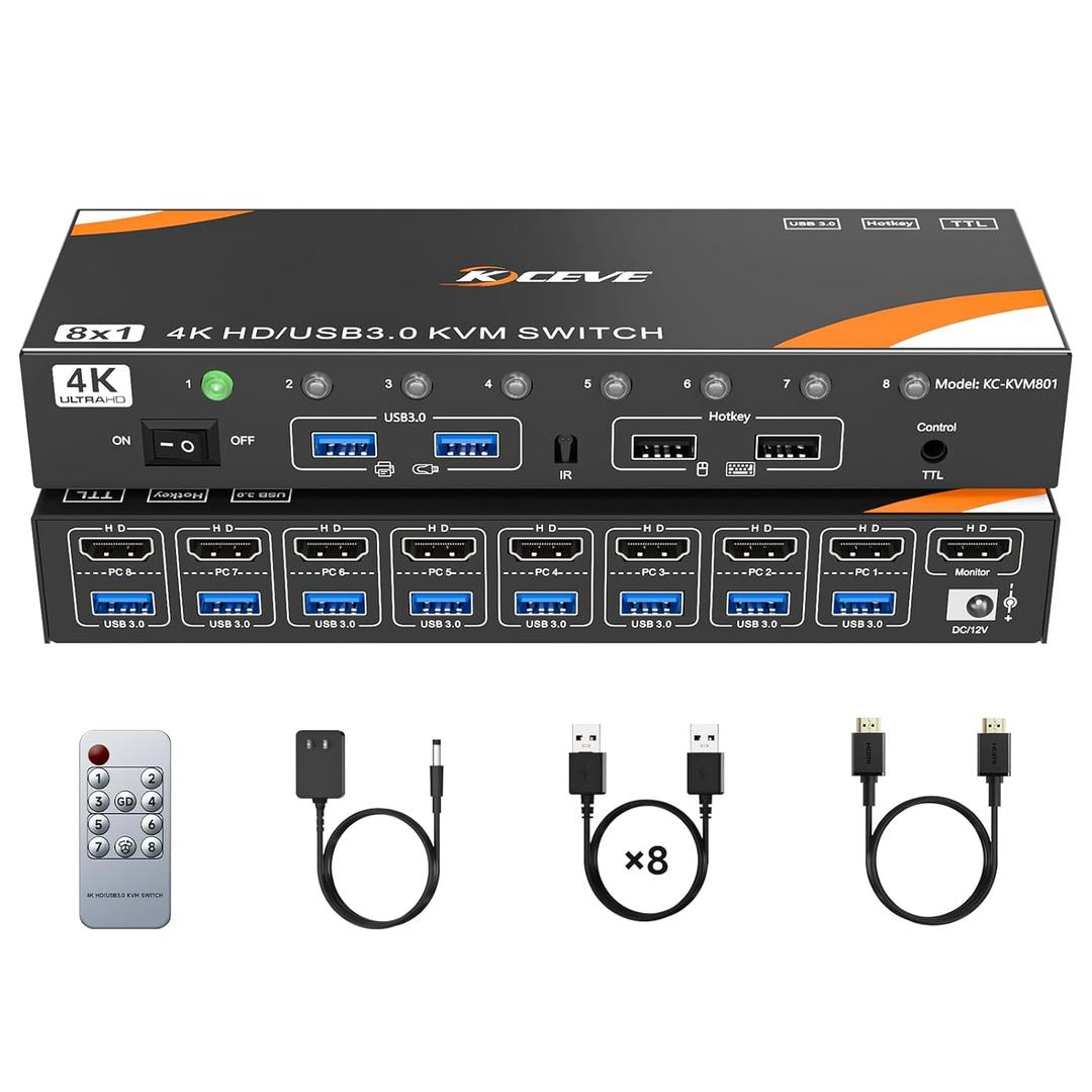 HDMI KVM Switch 8 Computers 1 Monitor, 8 Ports USB 3.0 KVM Switcher Support 4K@60Hz for 8 PC Share Keyboard and Mouse, Support Hotkey Switching Way