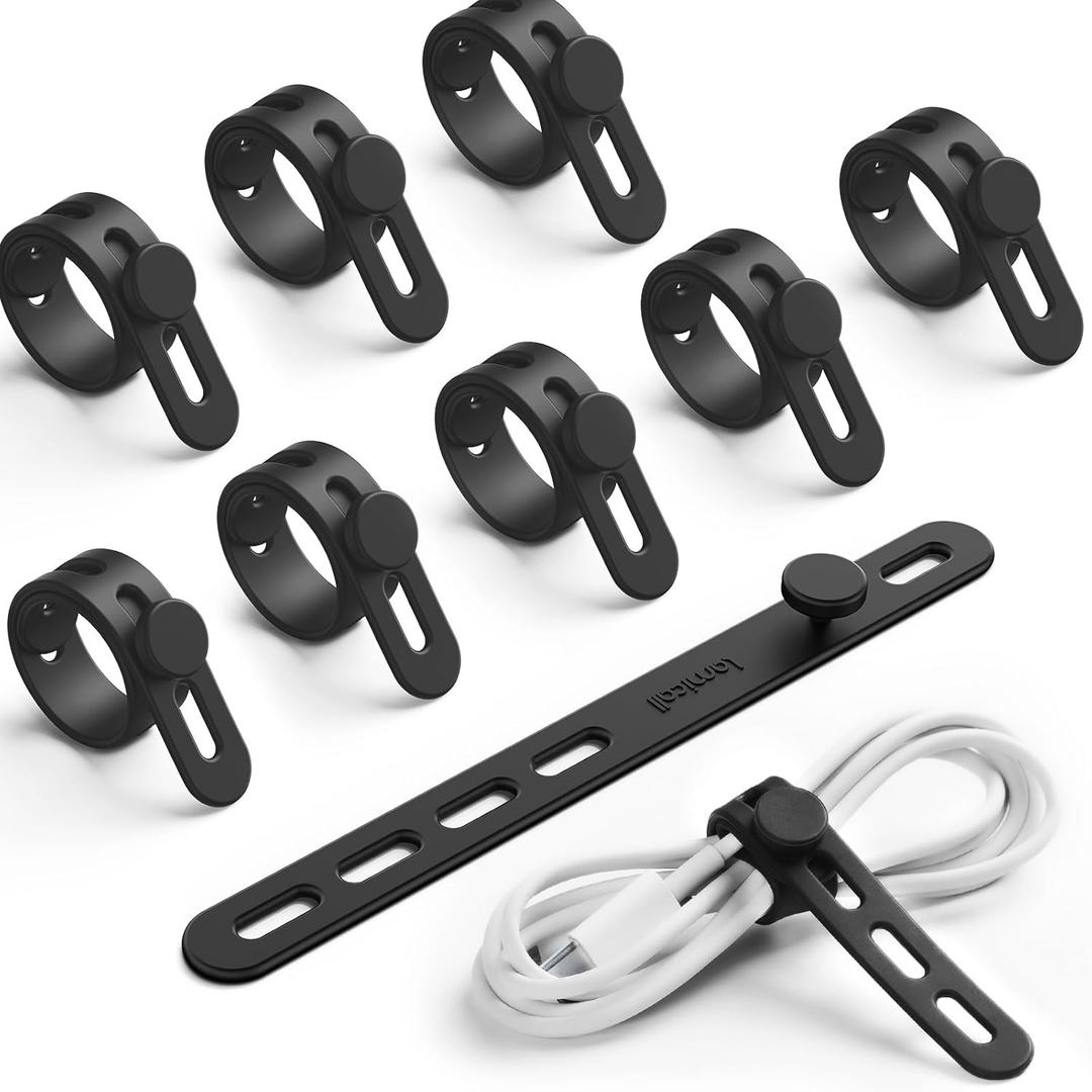 10Pack Silicone Cable Ties Cord Organizer Wrap - Lamicall Durable Reusable Wire Management with Lock Buckle, Elastic Charger Cable Strap Ties, Electrical Cord Keeper for Travel, Home Accessories (Classic Black)
