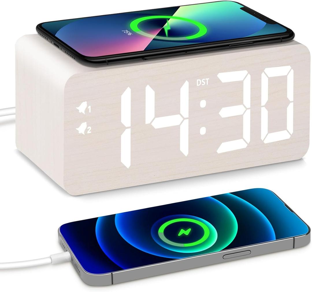 Wooden Digital Alarm Clock, 10W Fast Wireless Charger Station & 2 USB Charging Ports, with 0~99% Dimmer, Dual Alarm, Weekday/Weekend Mode, Wood LED Clock for Bedroom, Desk, Office (White)