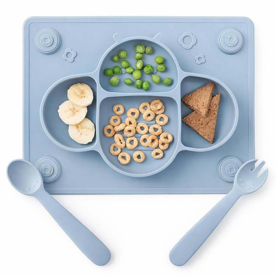 ROCCED Suction Plates for Baby placemat Spoon Fork Set for Toddlers, Silicone Baby Plates with Suction Baby Dishes for Kids Plates-Dusty blue
