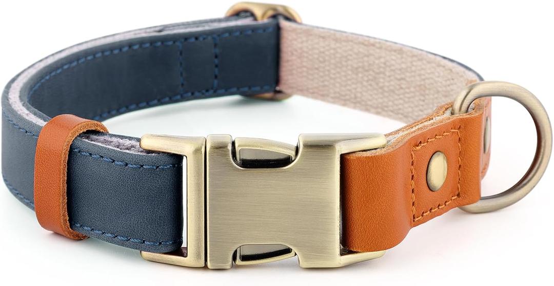 Plutus Pet Genuine Leather & Hemp Dog Collar Adjustable Heavy Duty Pet Collar with Quick Release Metal Buckle, Soft & Stylish for Puppy and Small, Medium, Large Dogs (Blue, L)