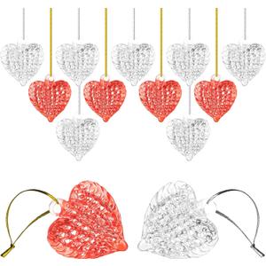 24 Pieces Valentine's Heart Glass Ornaments Set Spun Hanging Ornaments Heart Shaped Valentines Day Tree Decor Transparent Decoration for Holiday Party(Clear, Red)