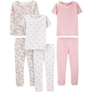 Simple Joys by Carter's Babies, Toddlers, and Girls' 6-Piece Snug-Fit Cotton Pajama Set, Pack of 3 (5T, Grey Dots/Pink Stripe/White Ditsy Floral)