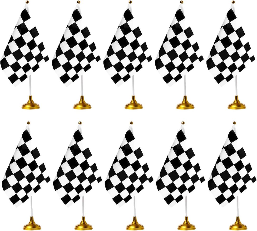 WXTWK 12 Pack Checkered Black and White Racing Desk Flag Small Mini Race Car Office Table Flags with Stand Base Decorations