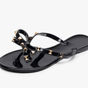 Studded Jelly Shoes for Womens Bow Flip Flops Jellies Sandals Flat Black Summer Beach Thong with Rivets Strappy Slides Slip On Size 41