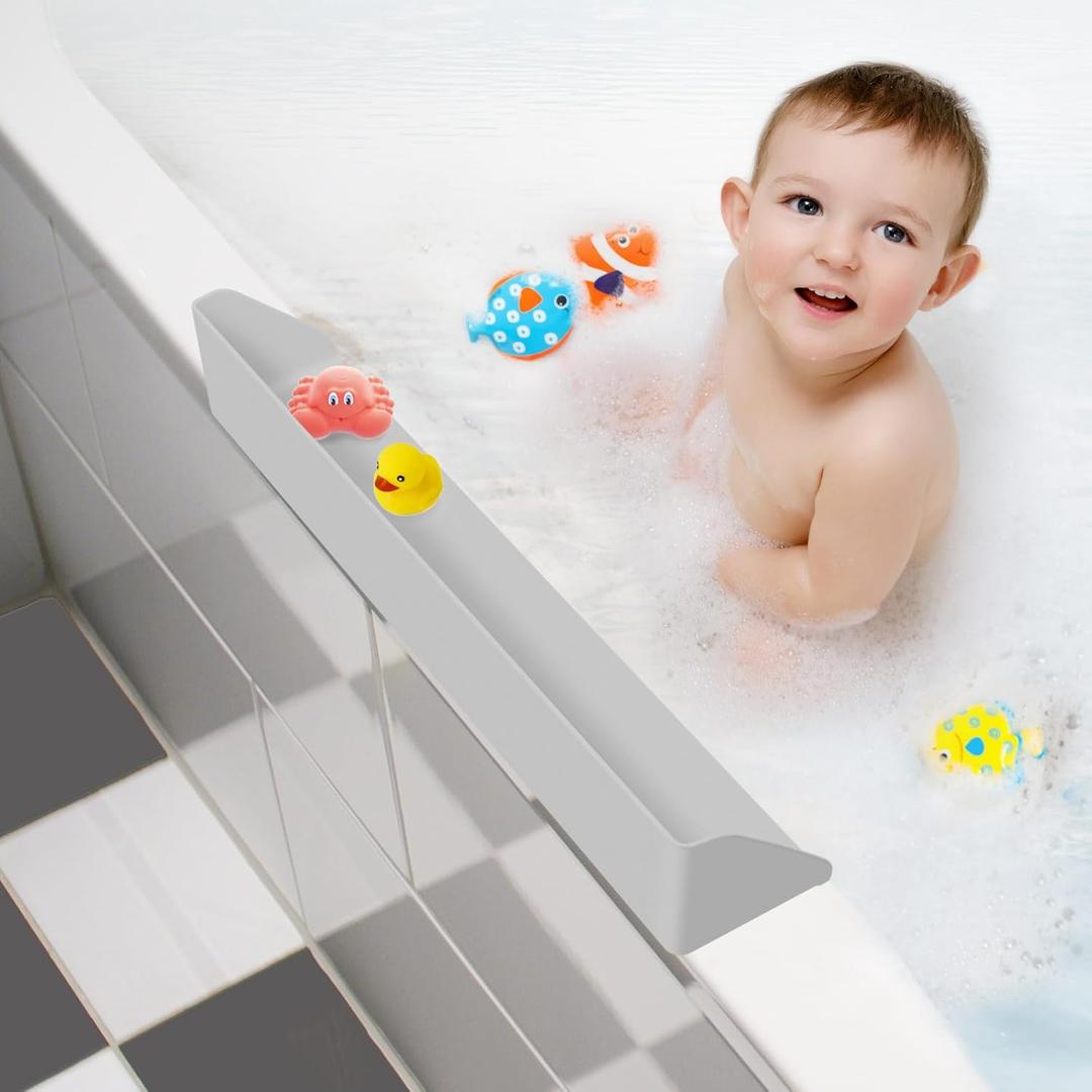 Splash Guard for Bathtub, 3.8" x 3.6" Silicone Bath Tub Splash Guard with 6 Suction Cups, Bathtub SplashGuard Play Shelf Area for Kids with 3Drainage Slope for Faster Drying - Grey (1 Pack)