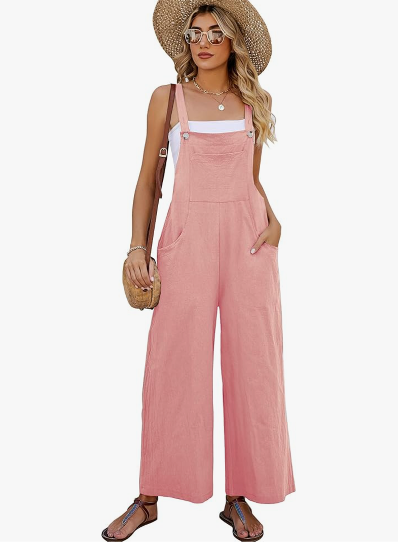 Flygo Womens Cotton Bib Overalls Loose Fit Wide Leg Jumpsuits Casual Rompers with Pockets L