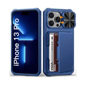 for iPhone 13 Pro Case with Card Holder (4-5 Cards), Slide Camera Cover, Military Grade Drop, RFID Block, Rugged Heavy Duty Shockproof Men Women Phone Case for iPhone 13 Pro, Blue